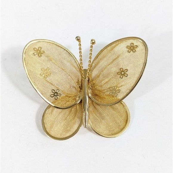 Vintage Gold Toned Mesh Butterfly Shaped Brooch - Picture 1 of 5